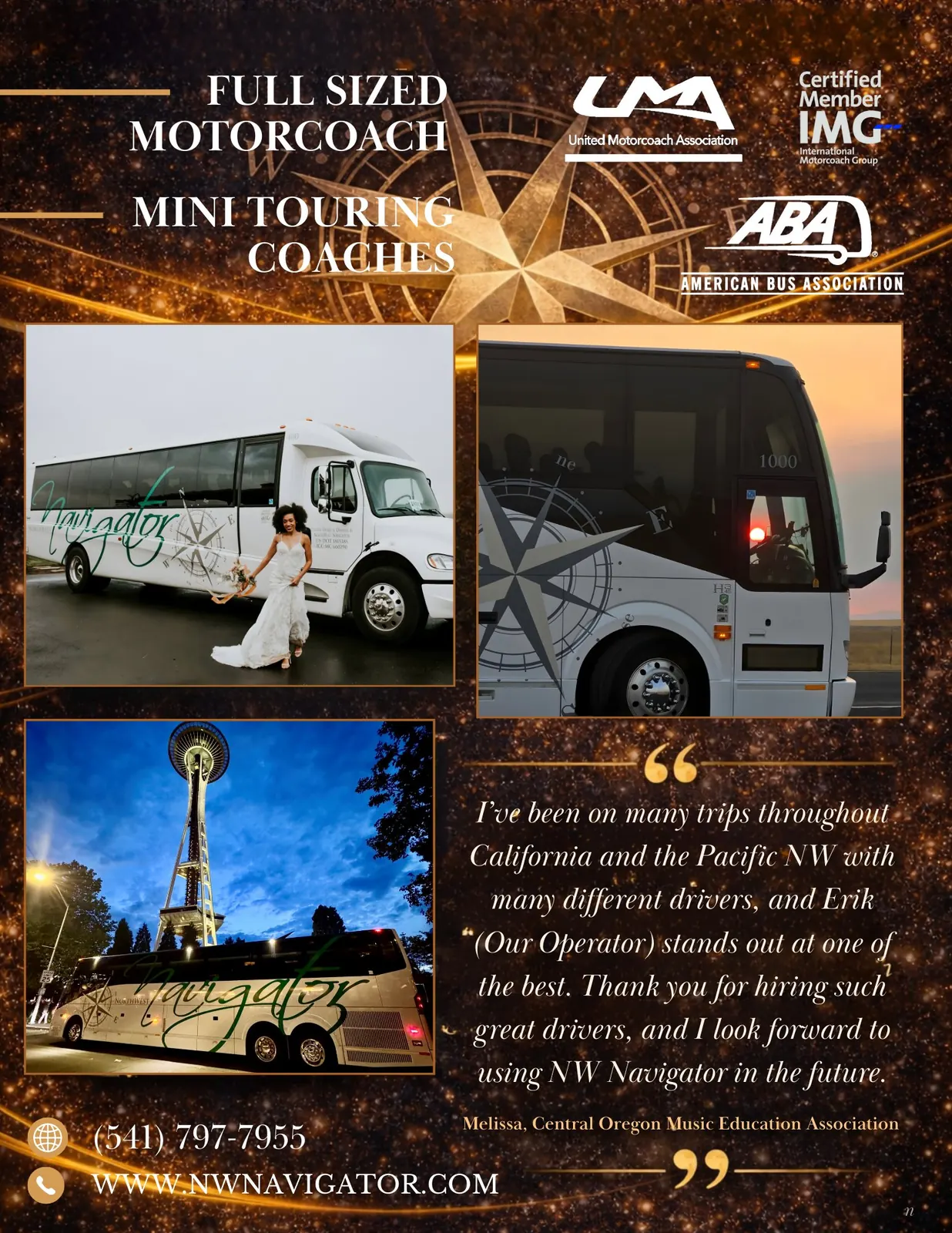 Flyer covering full-sized motorcoach and mini touring options