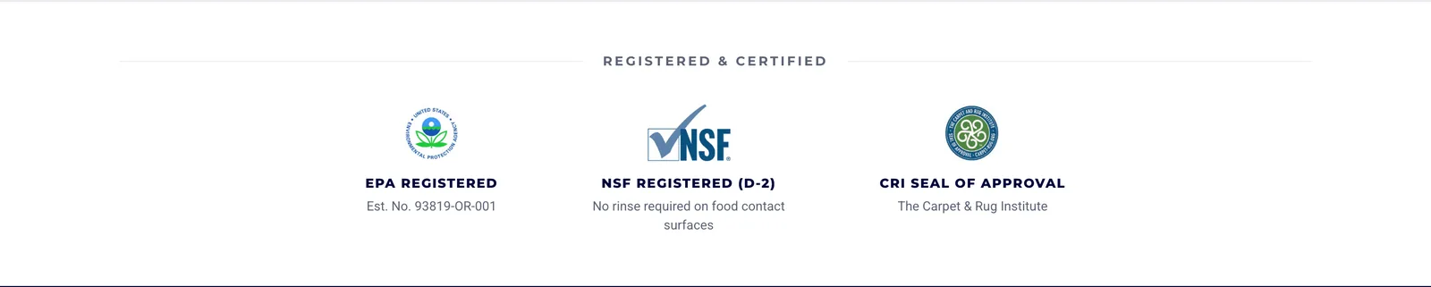 Certification strip carrying the EPA, NSF and Carpet &amp; Rug Institute marks