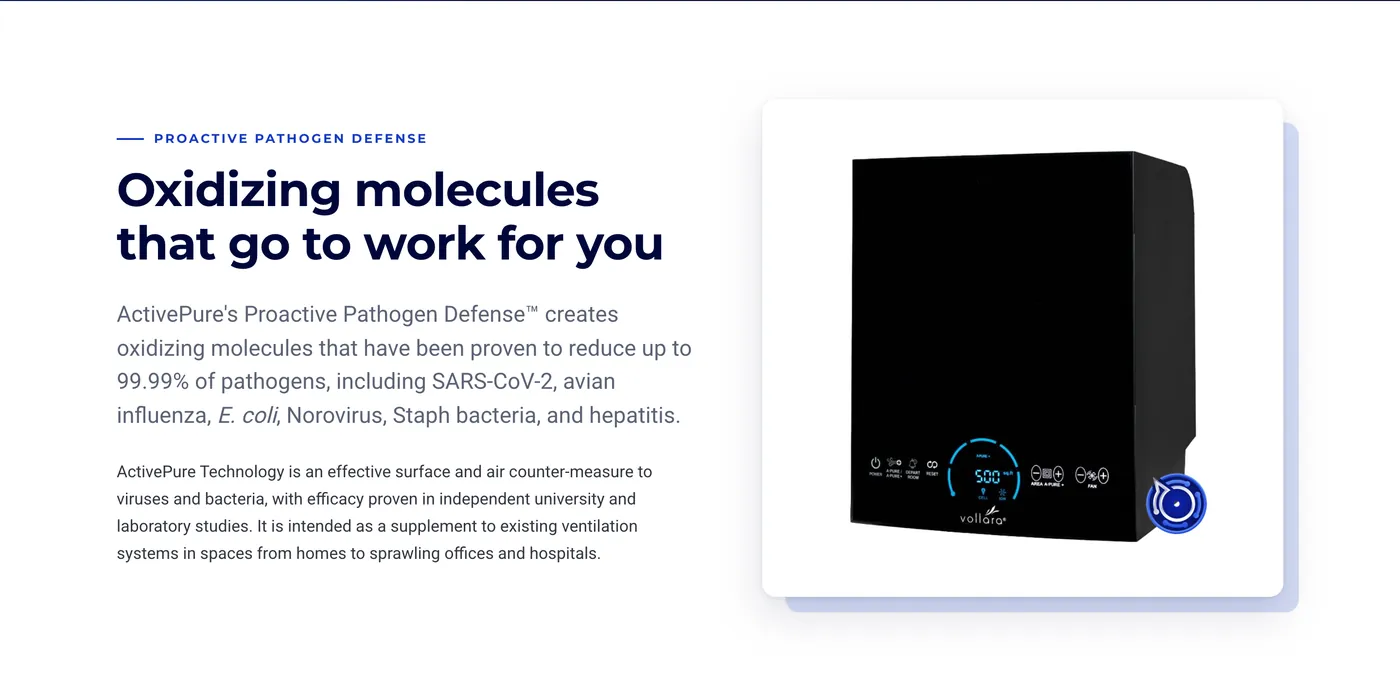 ActivePure page section explaining oxidizing molecules beside the air unit