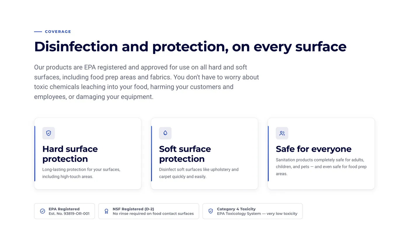 Service page section explaining hard-surface, soft-surface and food-safe coverage