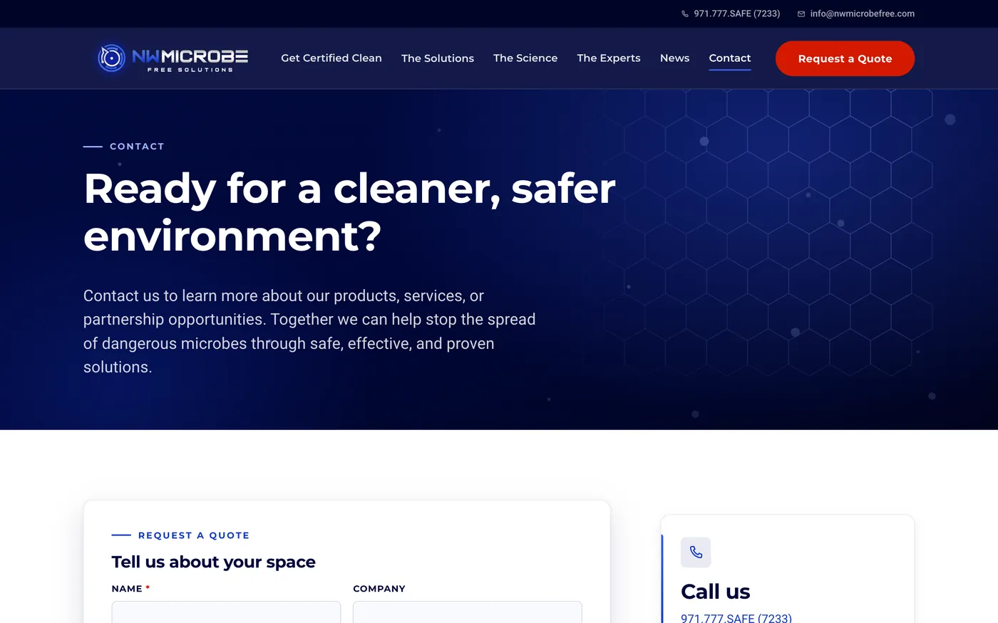 Contact page with the quote form and contact cards