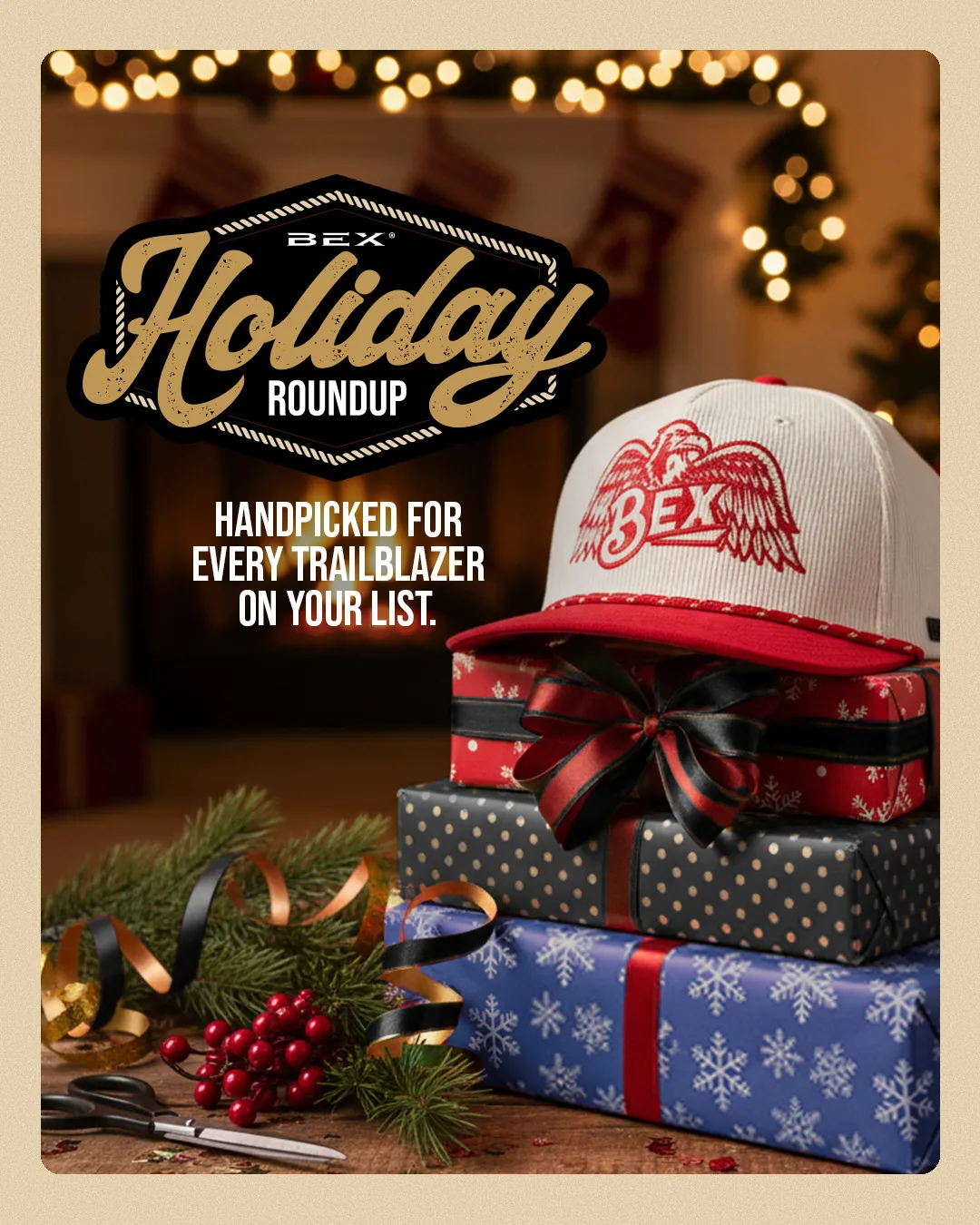 BEX Holiday Roundup advertisement, an eagle-logo cap on a stack of wrapped gifts, headed Handpicked for every trailblazer on your list