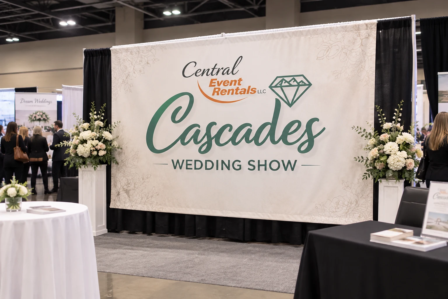 Display mockup of the Cascades Wedding Show identity on a large exhibition banner