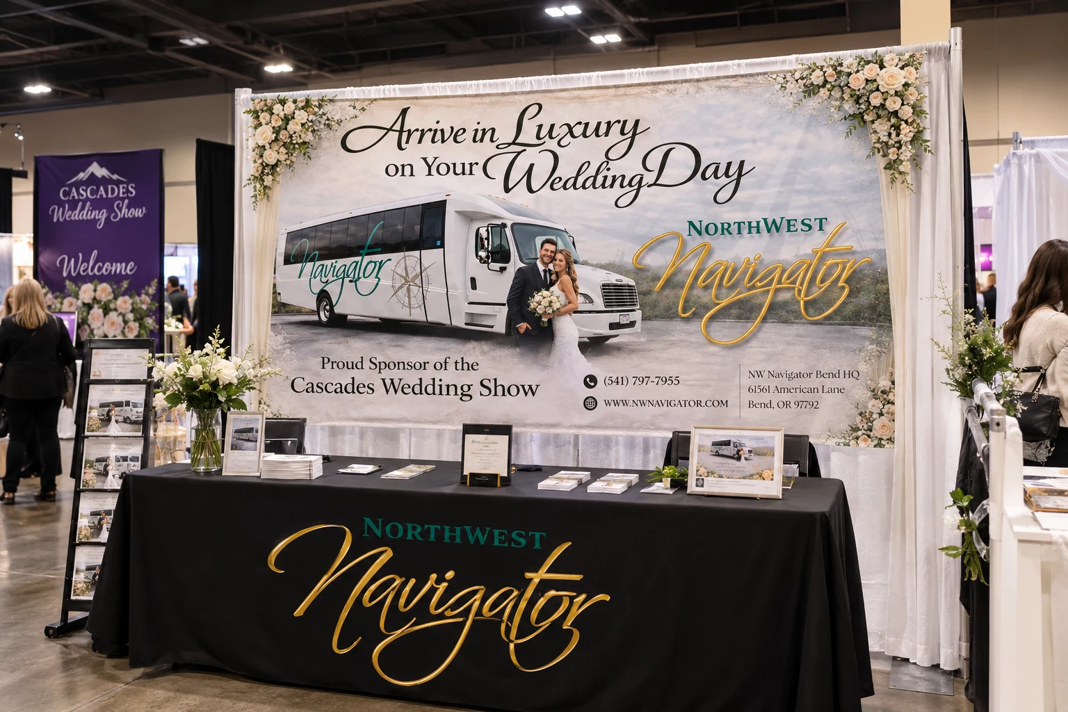 Display mockup of the Northwest Navigator wedding sponsorship banner above a branded exhibition table