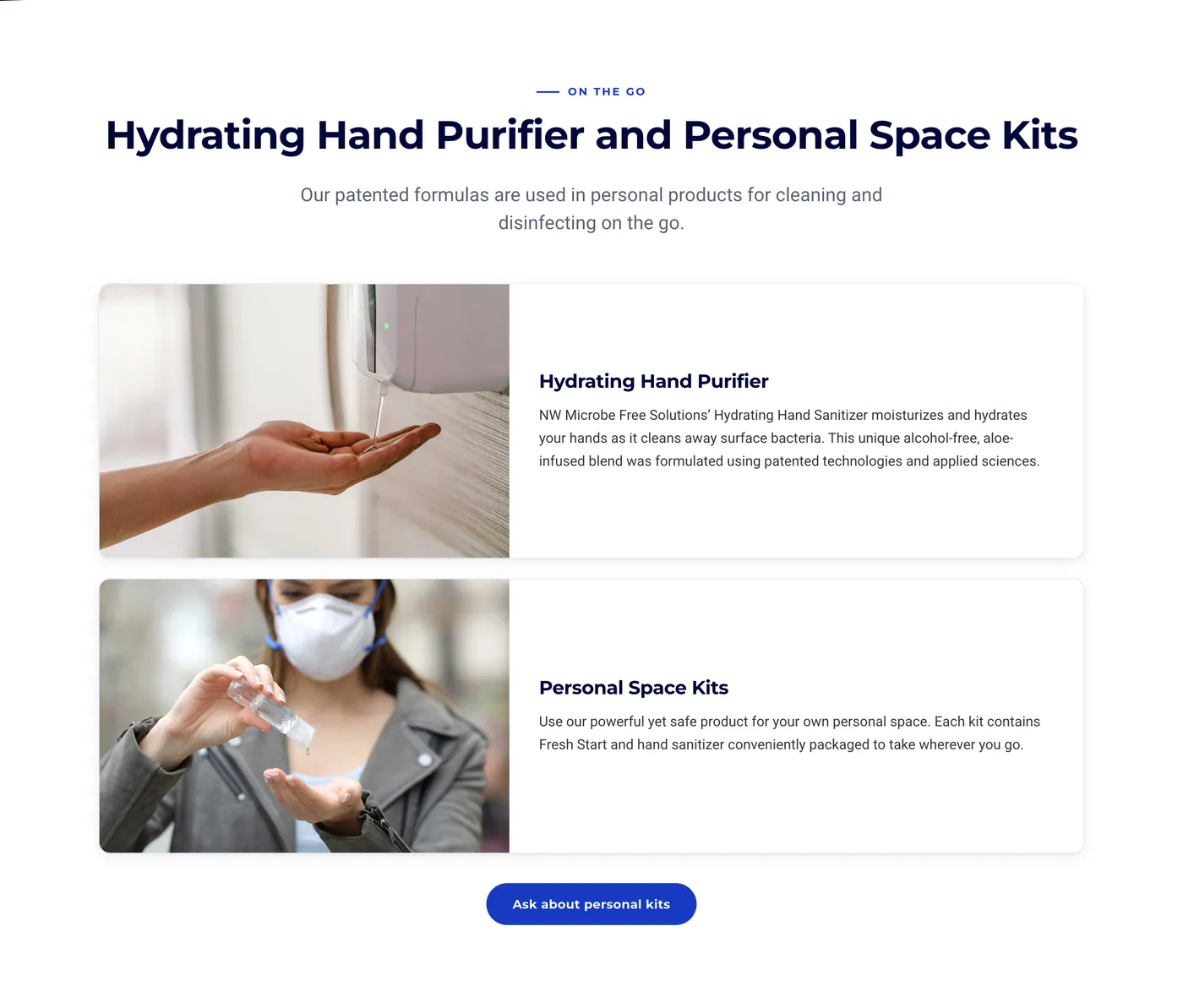 Products page section pairing photographs with product descriptions