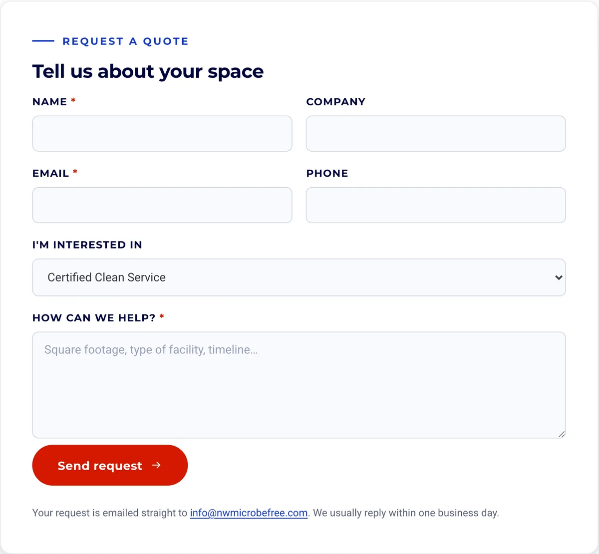 Quote form with labelled fields and a submit button