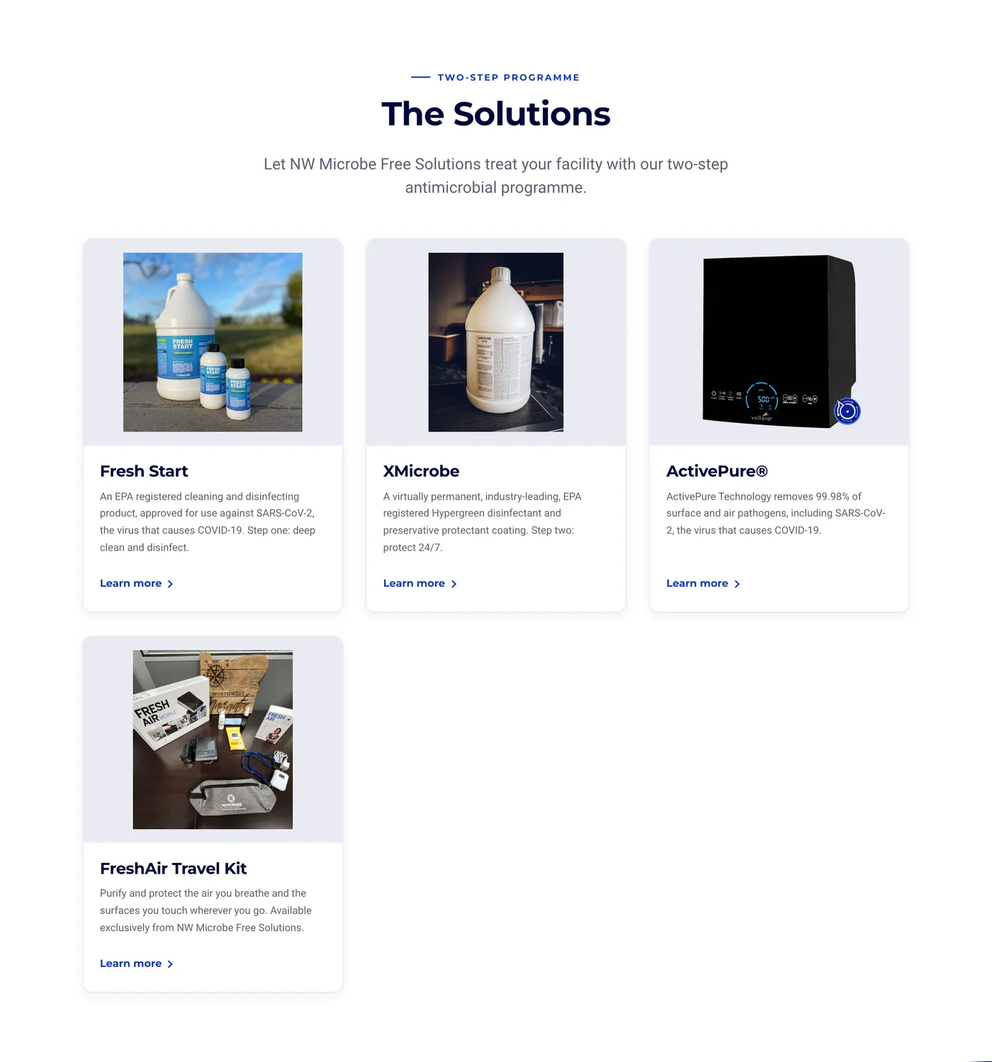 Products page grid of four product cards