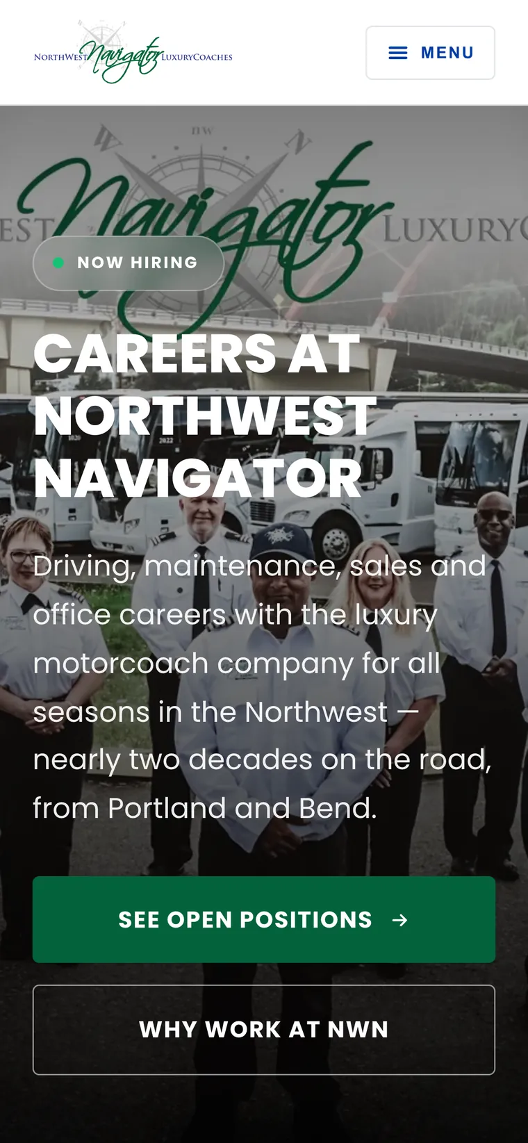 The careers homepage on a phone with a stacked hero and full-width buttons