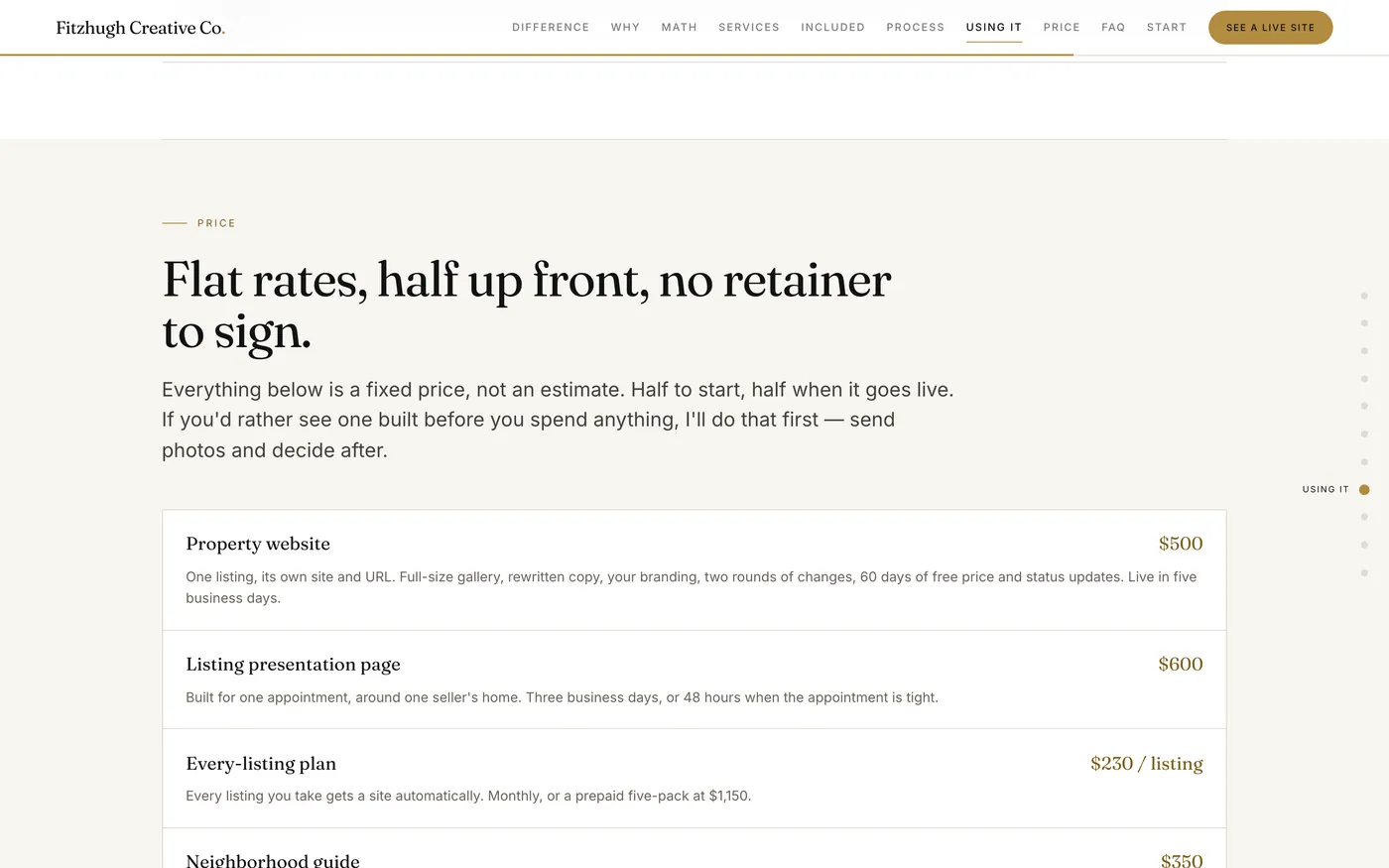 Pricing section headed Flat rates, half up front, no retainer to sign