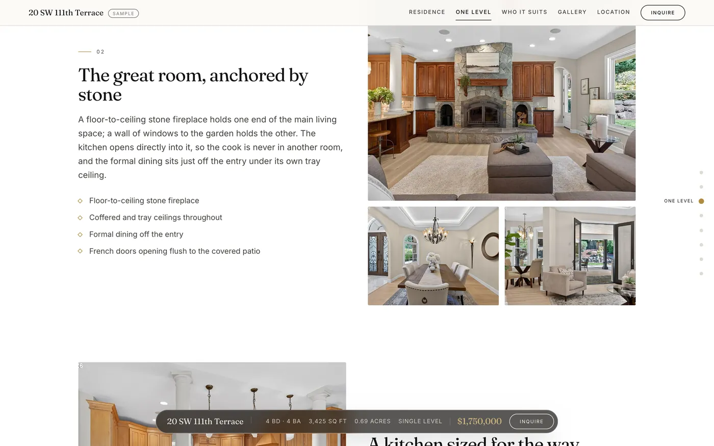 Property site section pairing room copy with interior photographs
